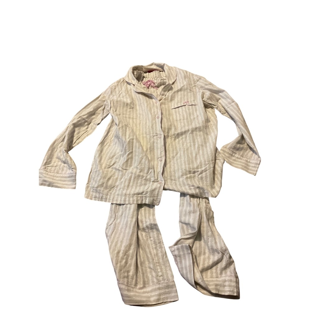 Victoria Secret Striped Pajama Set Button Down Top Pants Pink Bow Women